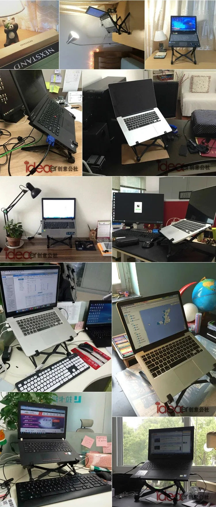 Black foldable portable laptop stand with lifting mechanism, shown with carrying case
