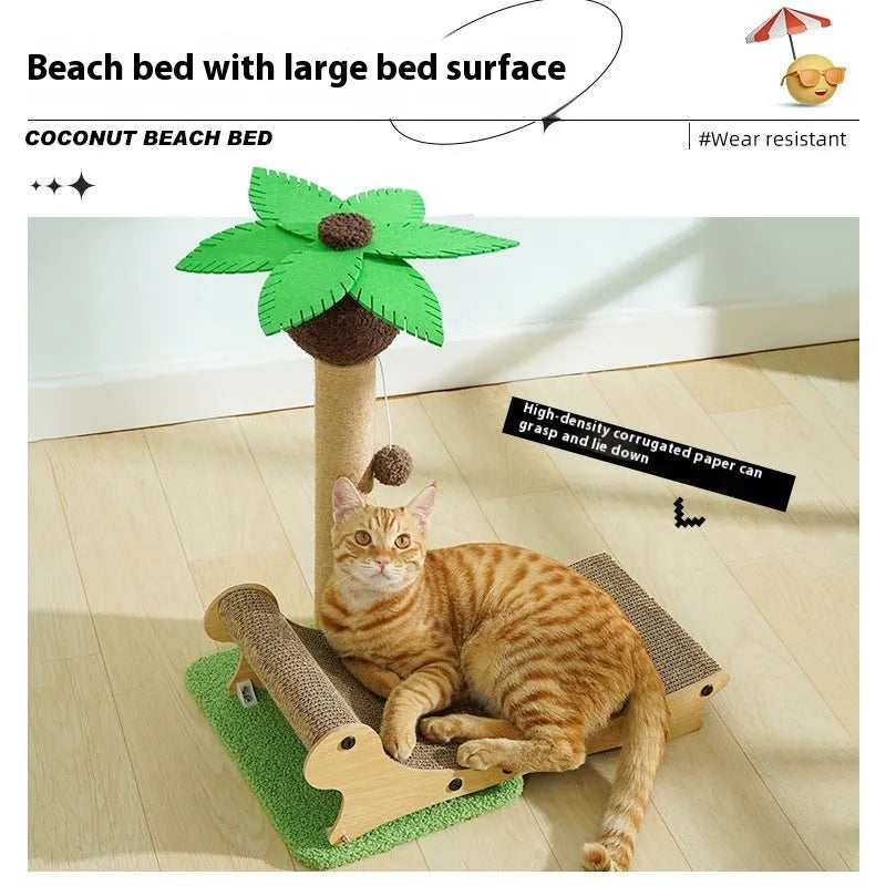 Wooden beach chair shaped cat climbing frame with integrated hemp mat scratching surface
