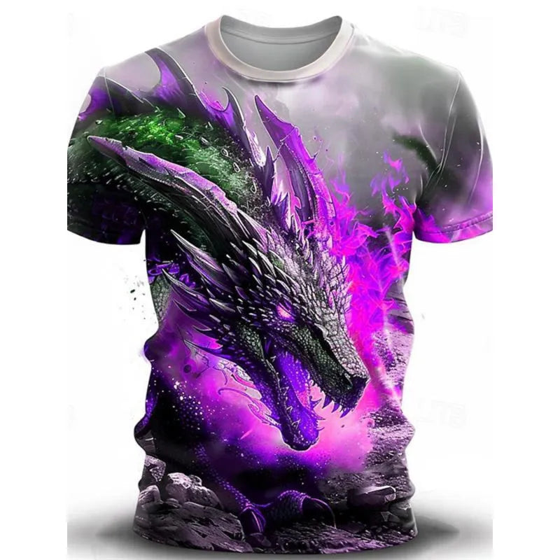 Men's grey T-shirt with a large, detailed 3D wind dragon print on the front, made from thin milk silk fabric.