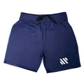 Loose-fit black metal silk sports shorts on a hanger against a plain background.