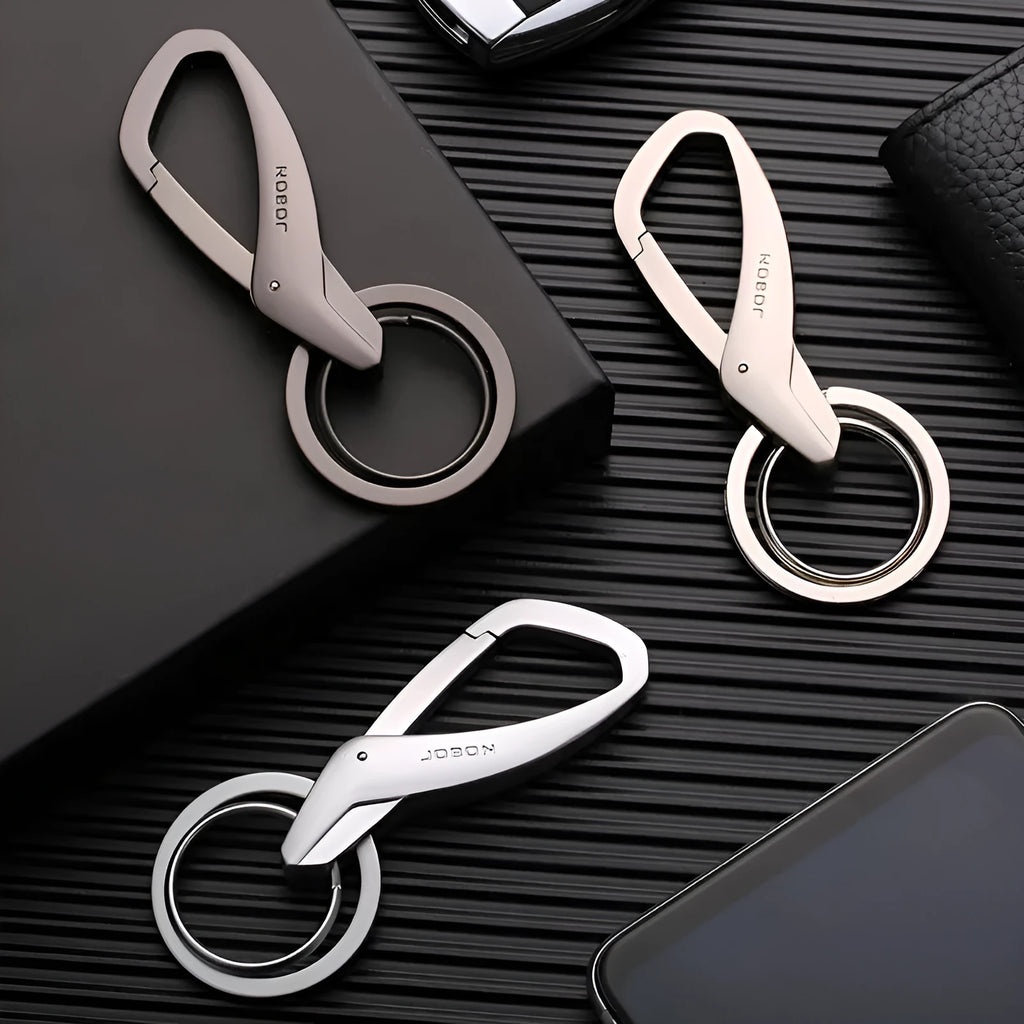 Black zinc alloy double ring key chain for car keys, shown with measurements.