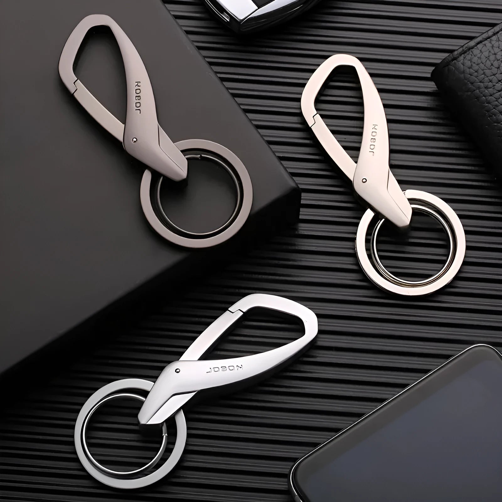 Black zinc alloy double ring key chain for car keys, shown with measurements.