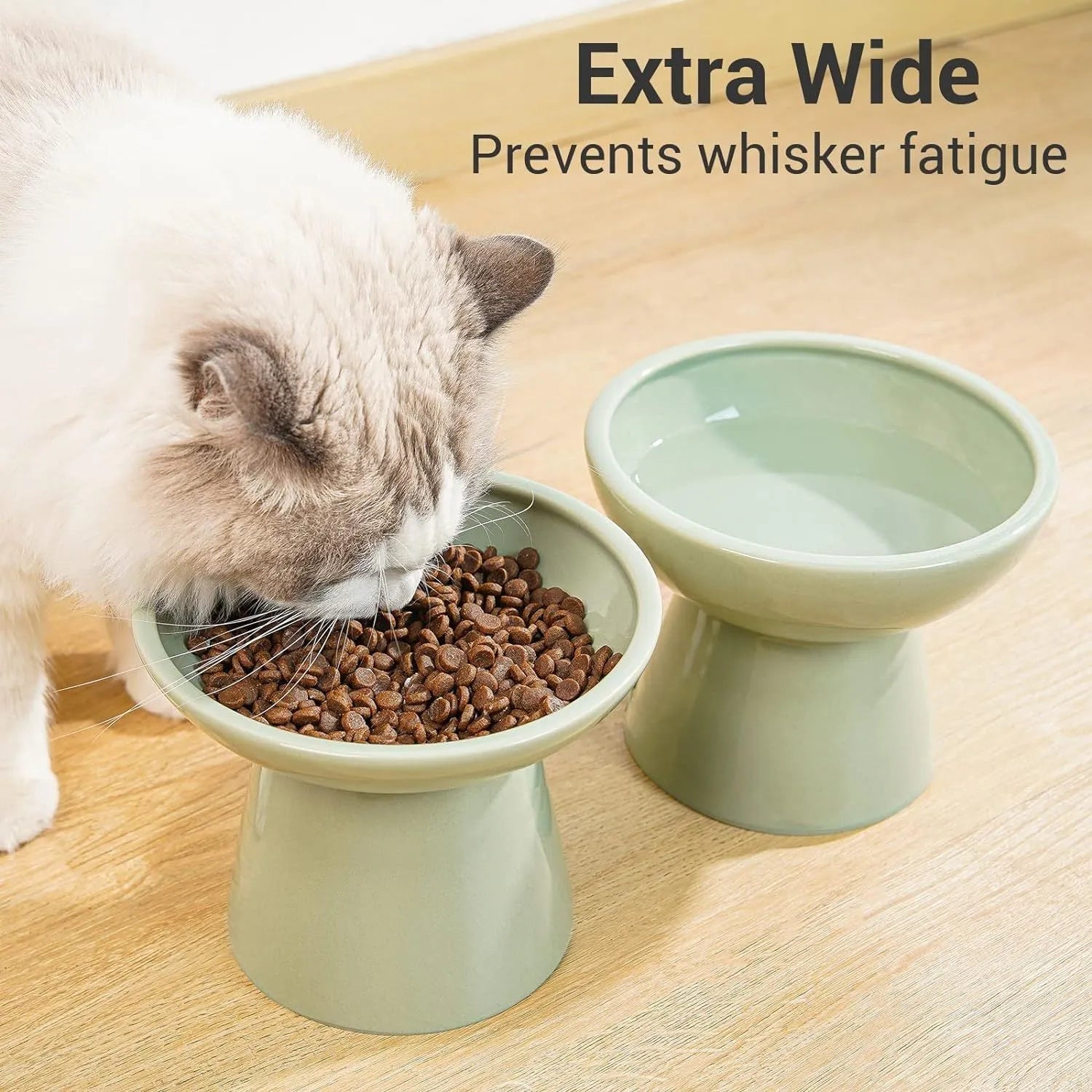Blue elevated ceramic cat food bowl on a white surface