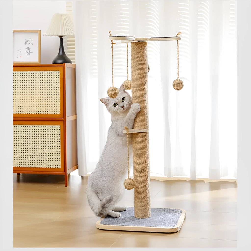 A simple, scratch-resistant cat climbing frame toy with a chip hanging ball, made from pine wood and carpet leather.