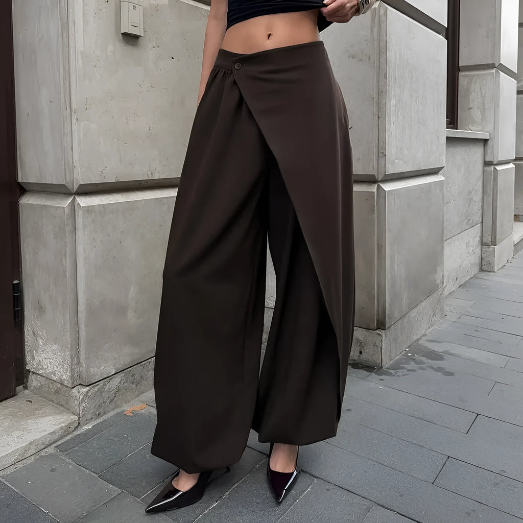 Women's fashion casual irregular wide-leg cropped pants in coffee colour, high waist, front view