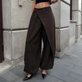 Women's fashion casual irregular wide-leg cropped pants in coffee colour, high waist, front view