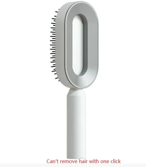 Self-cleaning hair brush with one-key button, air cushion base, and long bristles on a white background.