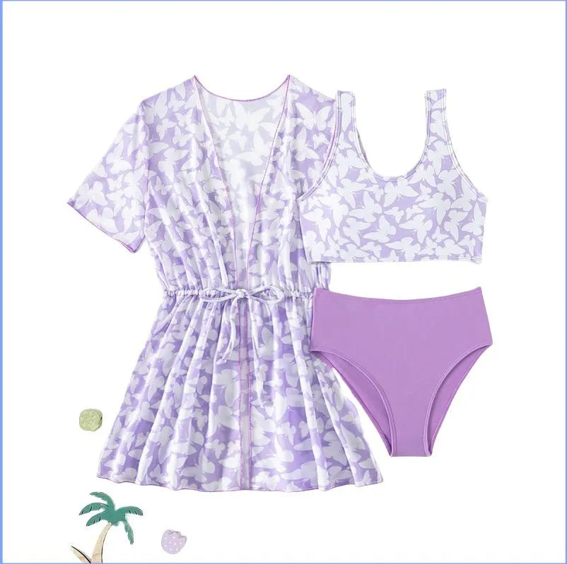 Girls' three piece print swimsuit set with coat, vest, and briefs in colour 3218