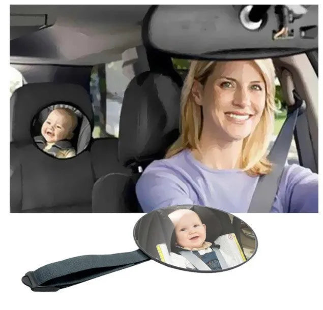 Black baby car rearview mirror with adjustable strap for viewing children in reverse-facing seats