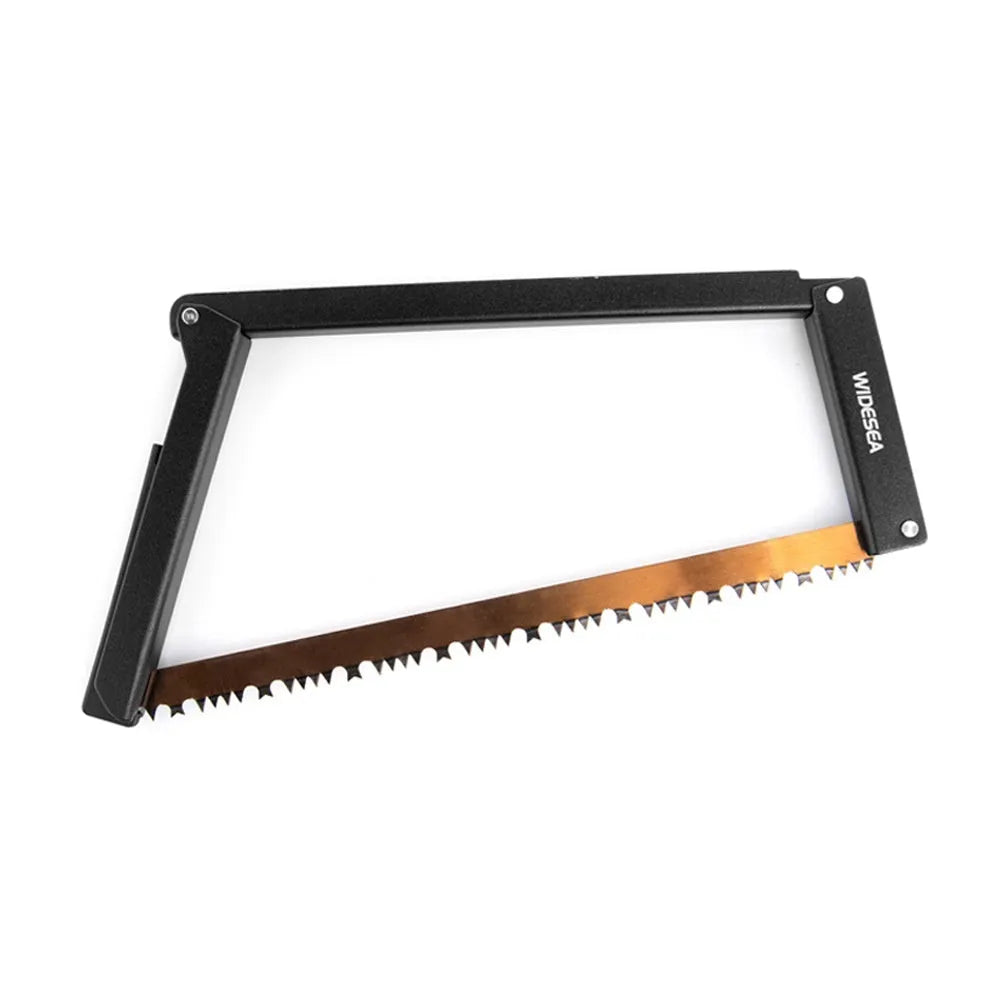 Black foldable outdoor survival saw with aluminium frame in open and closed positions.