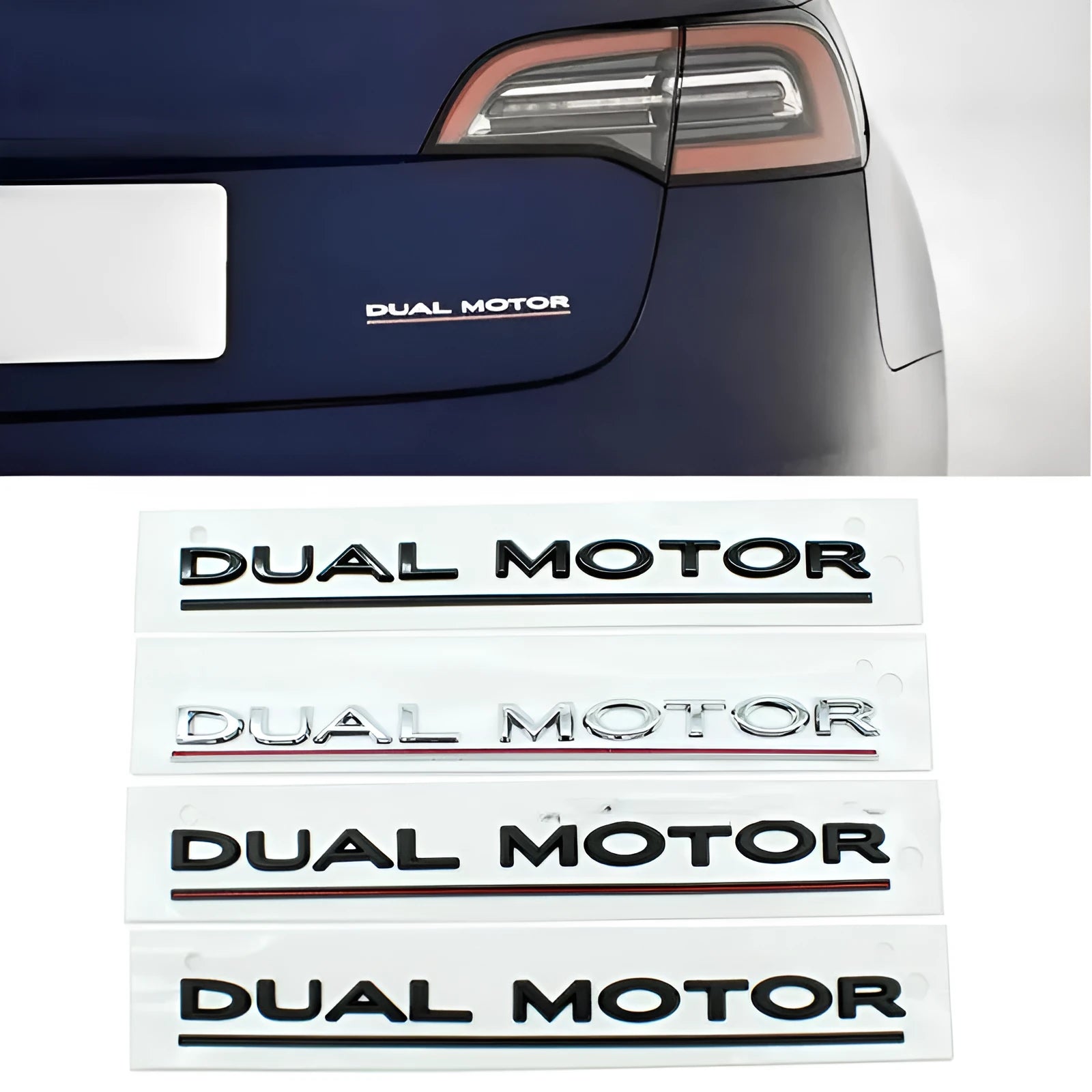 Tesla Model 3 Performance bumper sticker in ABS plastic, 19 cm by 3 cm, showing matte black colour option.