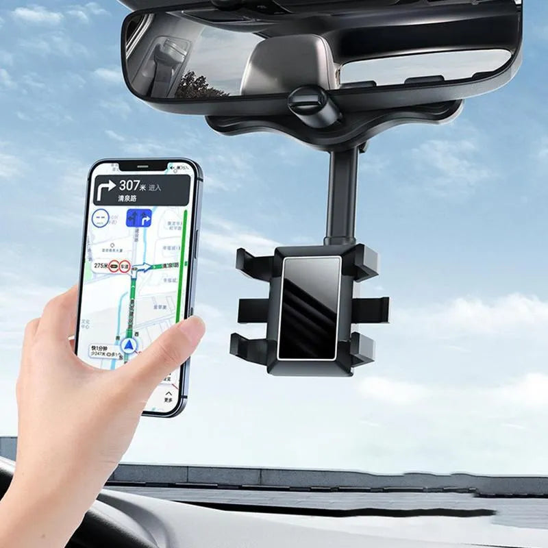 Black rearview mirror car phone holder with telescopic arm and rotating phone clamp.