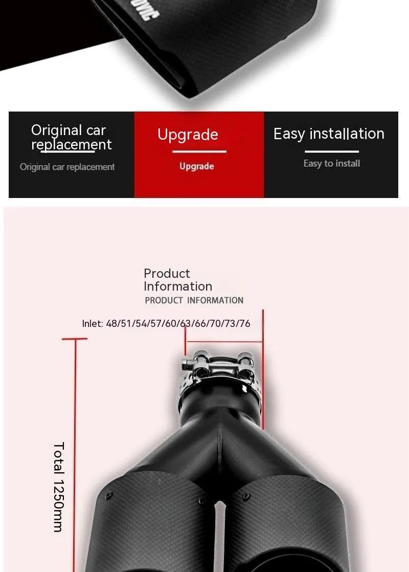 Black carbon fibre double outlet car exhaust pipe measuring 250mm for vehicle modification