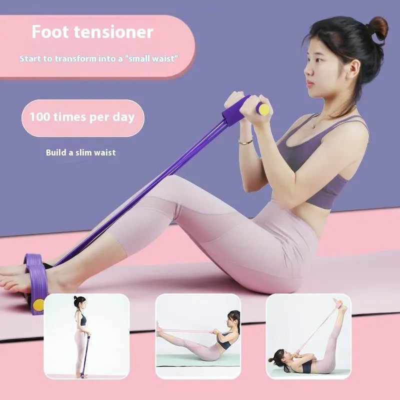 Yoga four-piece fitness set containing a leg beauty device, yoga ring, pedal tension device, and figure eight tension rope.