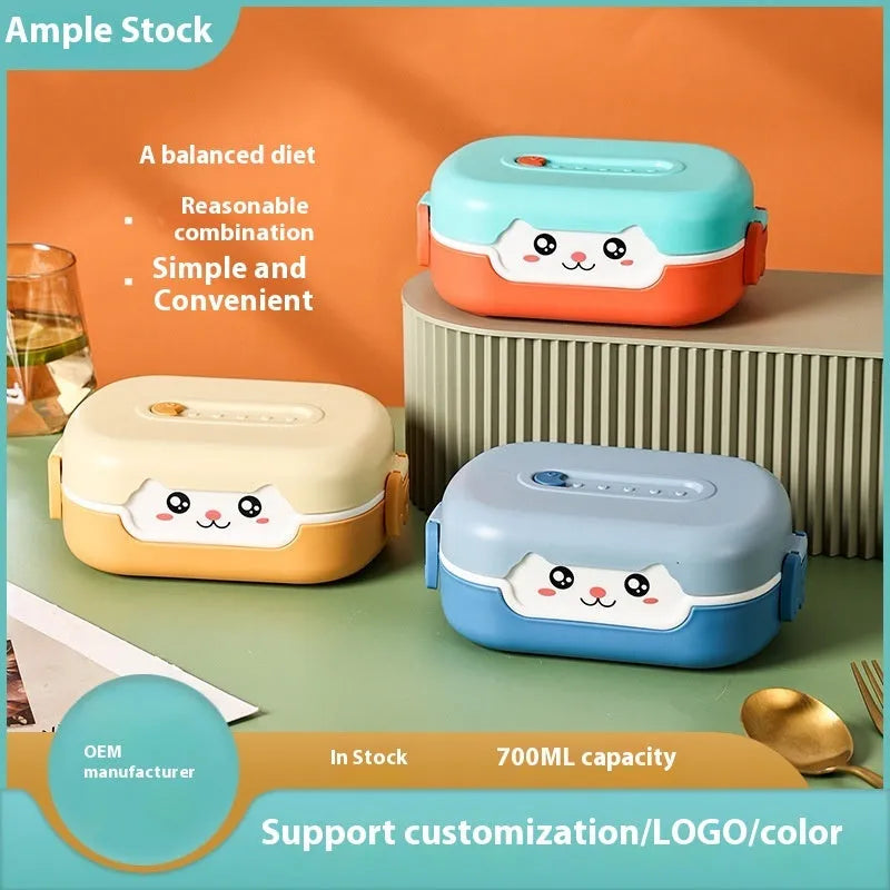 Square divided plastic lunch box in dark blue, orange, or pink and green, 301-500ml capacity
