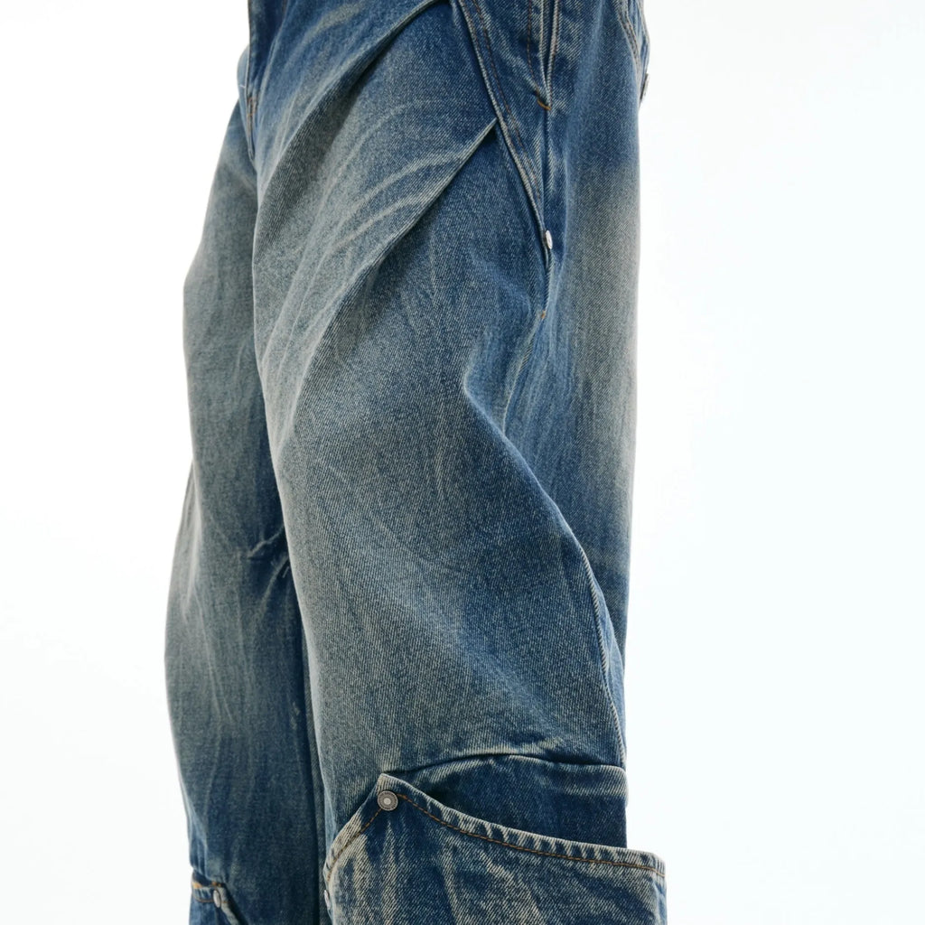 Men's retro washed burst pattern jeans with curved knife detailing in verdant blue colour