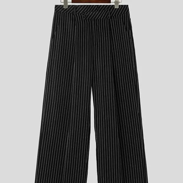 Men's black vertical striped pleated casual trousers showing elastic construction detail