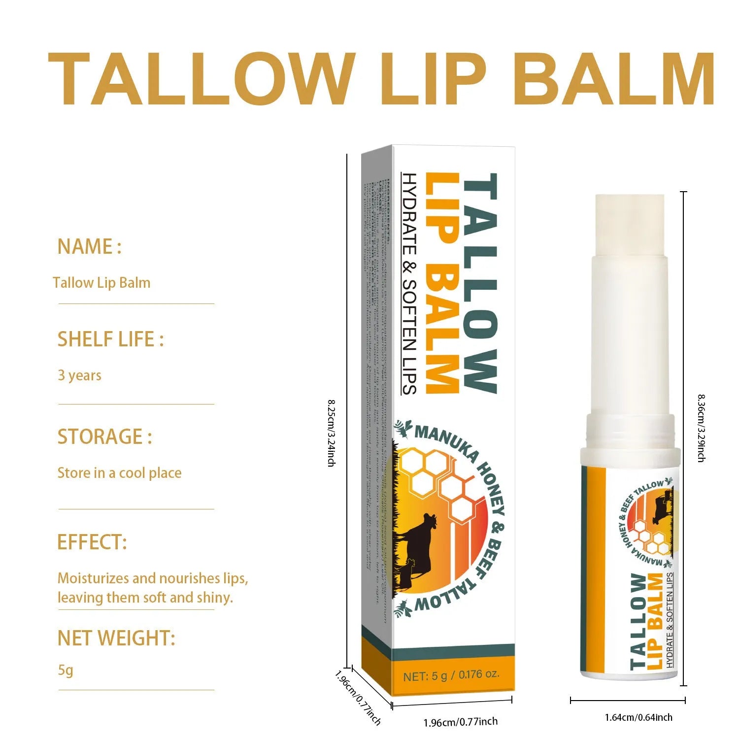 Tallow lip balm stick measuring 83mm in length with square 19mm cross-section containing 5g of product