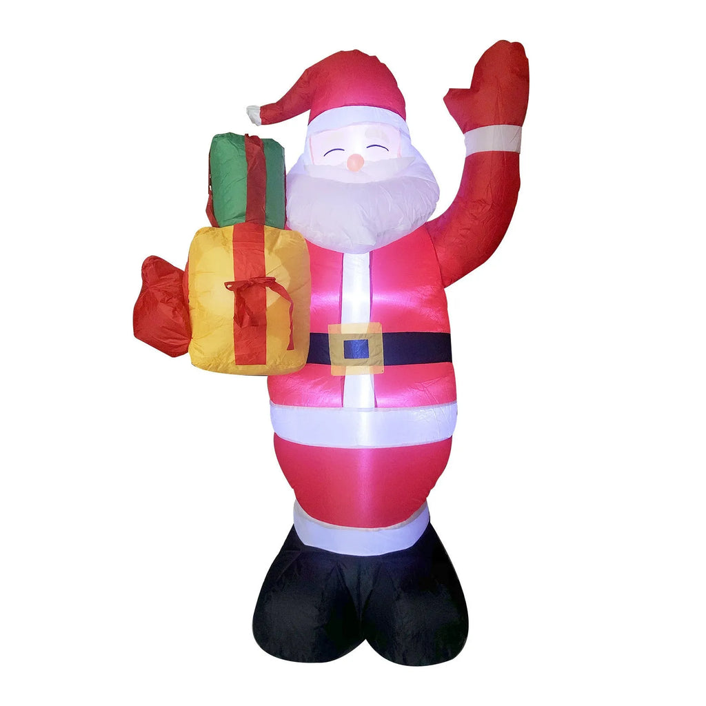 Outdoor Christmas inflatable decoration with LED lights showing Santa, snowman, and tree designs