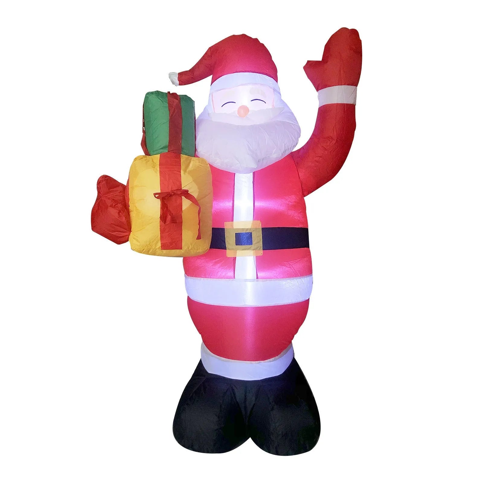 Outdoor Christmas inflatable decoration with LED lights showing Santa, snowman, and tree designs