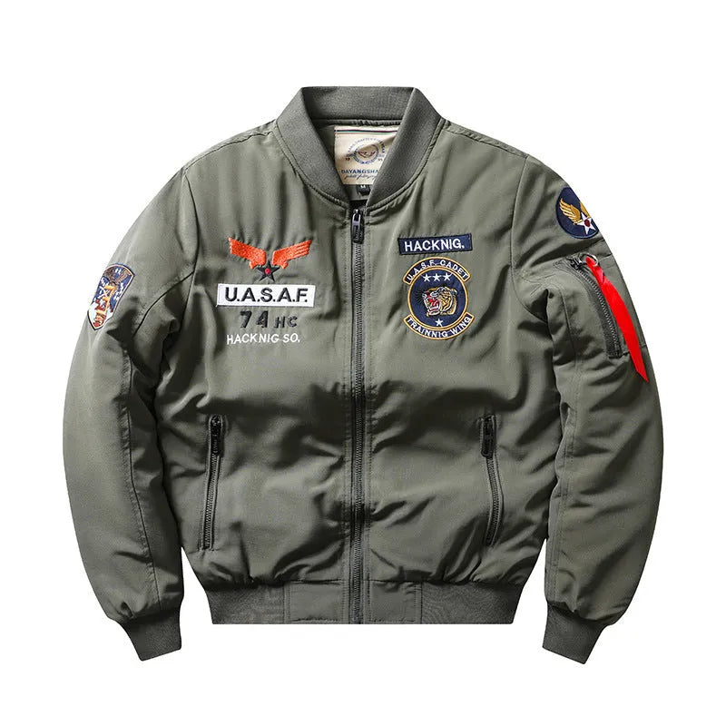 Slim-fit men's black retro motorcycle coat with stand collar and embroidery