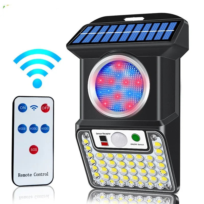 59 LED outdoor solar body sensing wall light with remote control on a brick wall