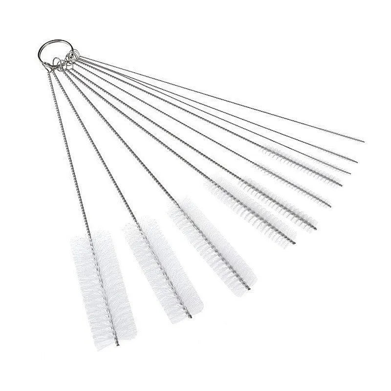Set of thin stainless steel cleaning brushes with nylon bristles for cleaning drinking straws and bottles.