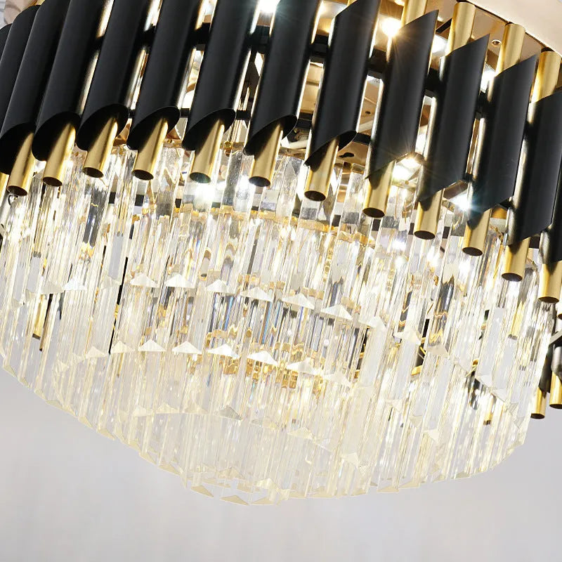 Remote-controlled crystal chandelier ceiling fan light with LED illumination.