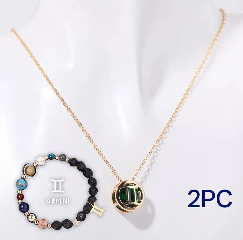Natural stone beaded necklace and matching bracelet set laid flat, showing various bead colours and styles.