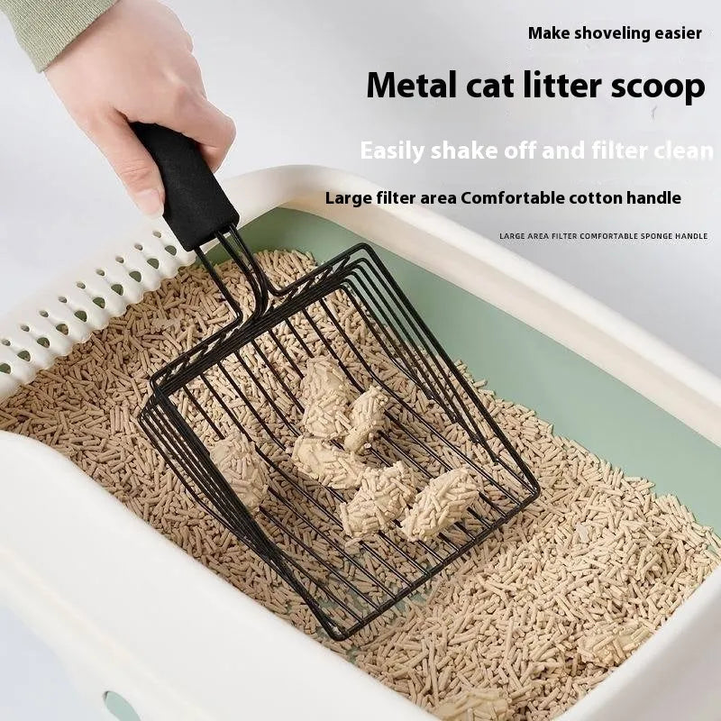 Black alloy metal cat litter scoop with 0.8cm sieve gaps for pet waste removal