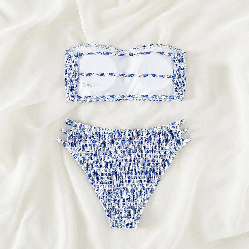 Women's strapless floral swimsuit with split back design and high-waisted briefs in multiple colour options