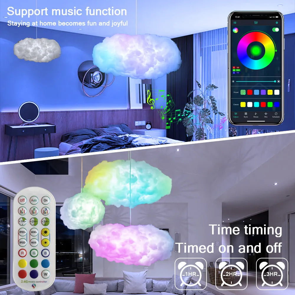 Large white fabric cloud shaped USB light hanging from ceiling with multi-colour RGBIC glow.