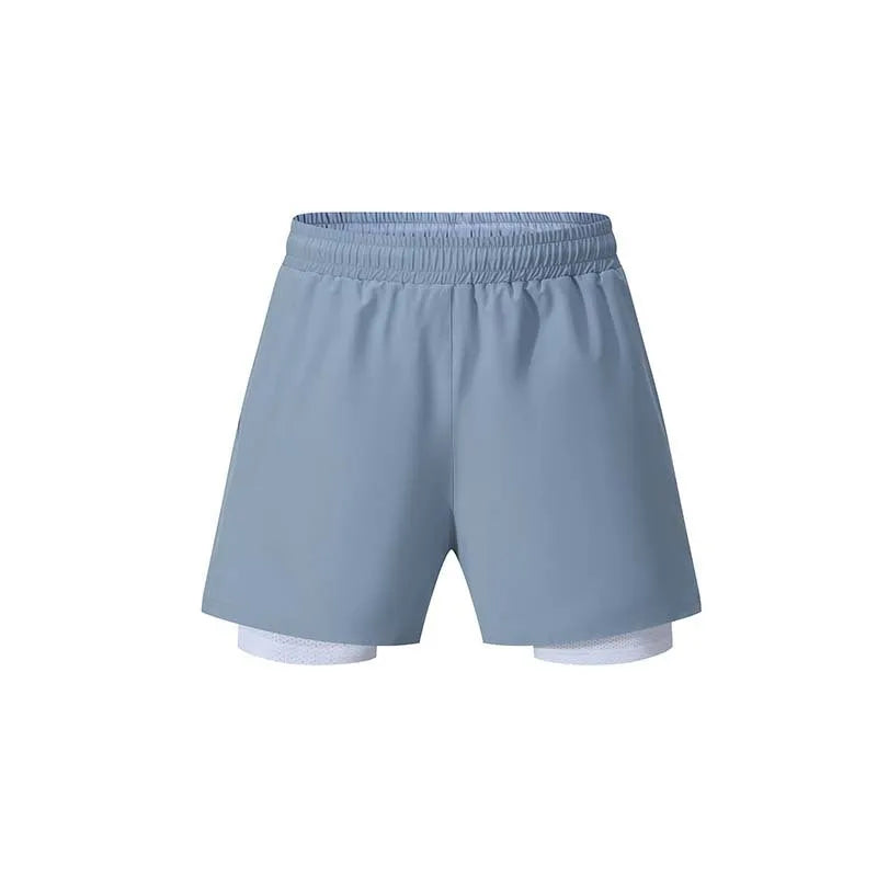 Men's black double-layer running shorts with built-in liner shown on model
