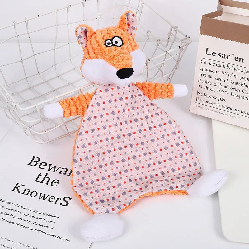 Brown velvet pet chew toy shaped like a fox elephant with crinkle paper and squeaker inside