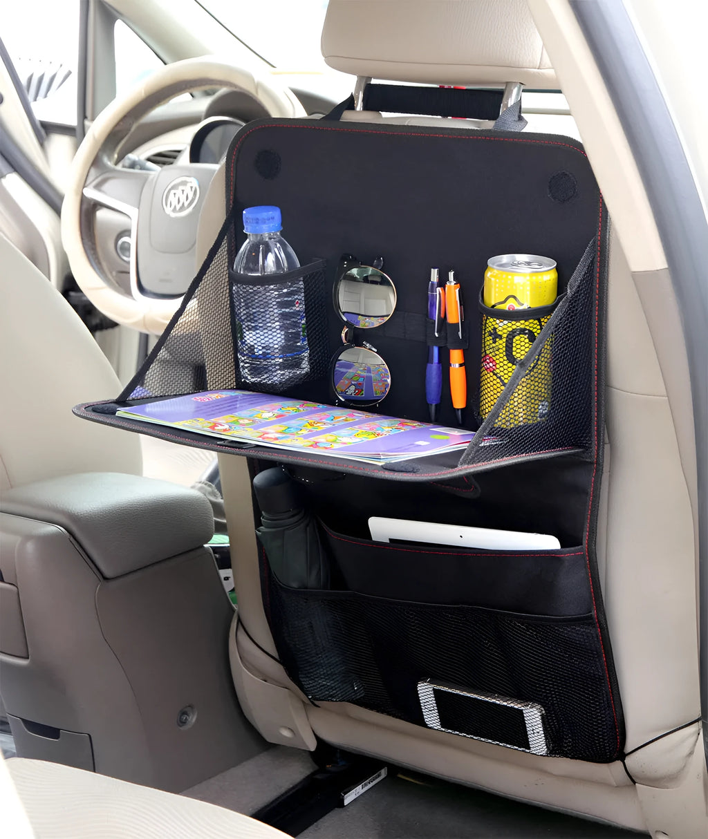 Car seat back storage bag in black Oxford cloth with multi-pockets, hanging on car seat back, 38x60cm
