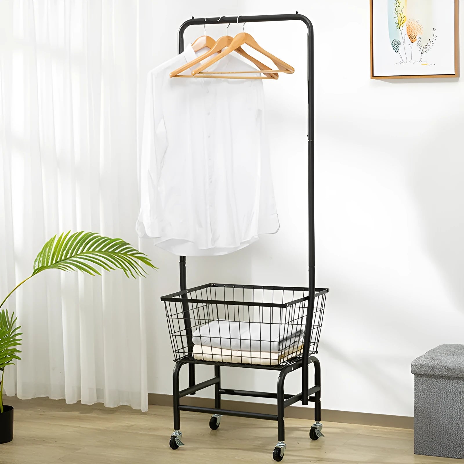 White single rod pulley clothes hanger with sliding rail mechanism
