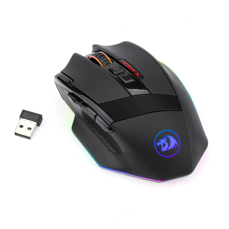 Redragon M801P black wireless gaming mouse with multiple side buttons on a desk.