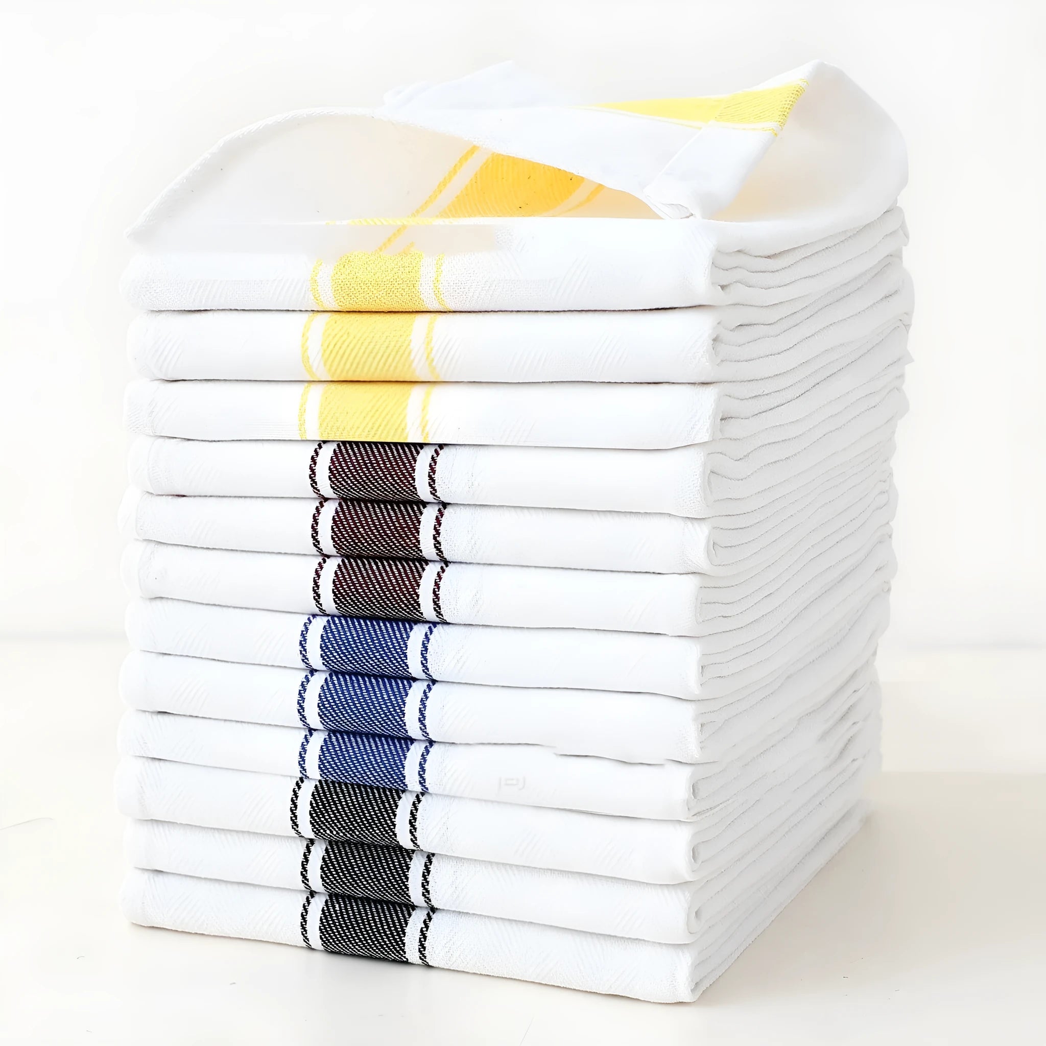 Striped polyester cotton blended dish towels in blue, yellow, brown, black and multi-colour options