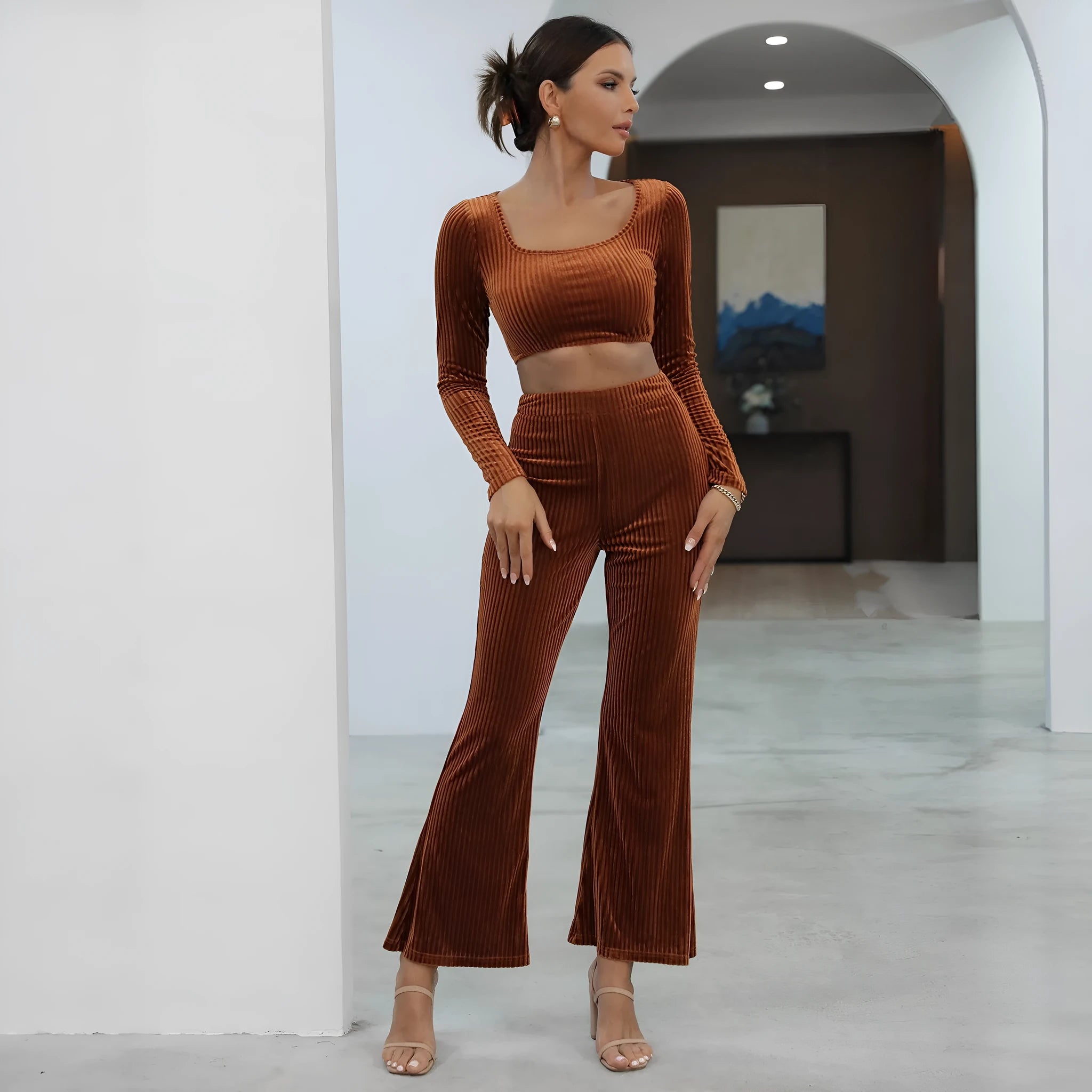Caramel coloured long sleeve sweater and trousers casual set on hanger