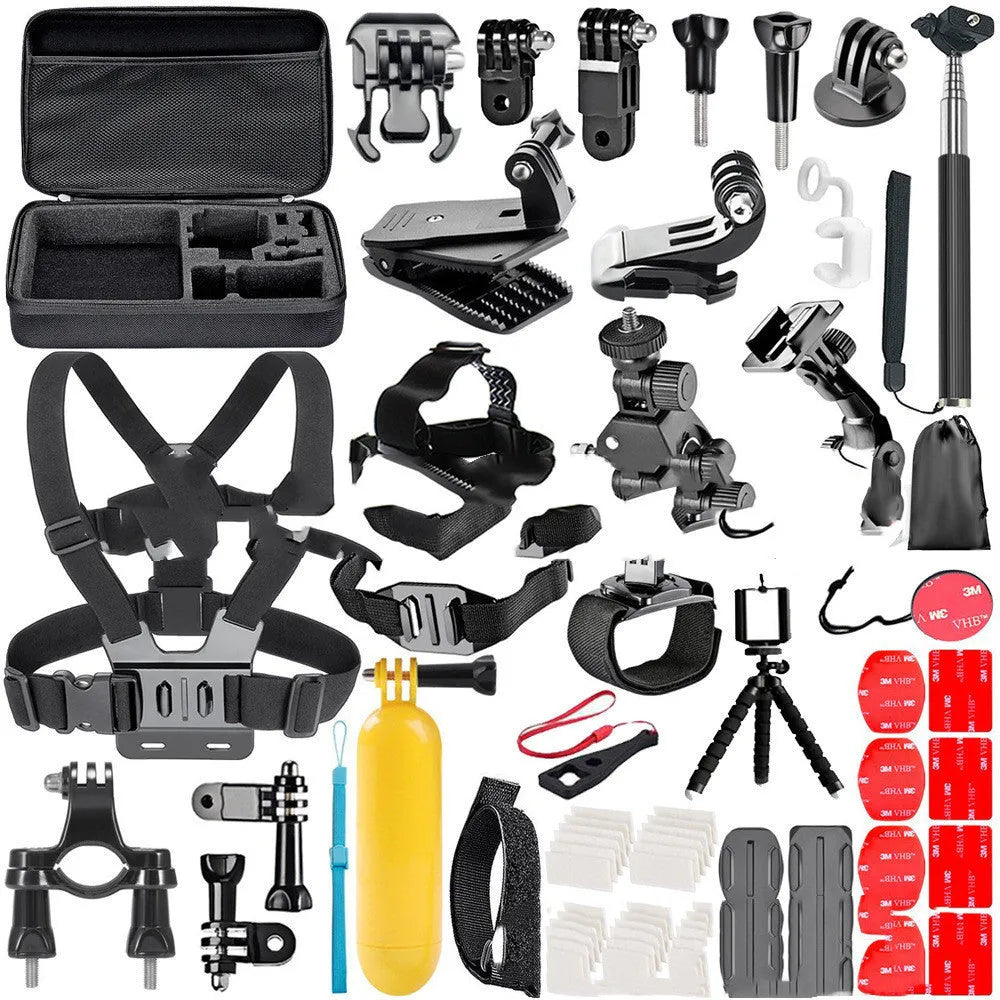 Black GoPro accessories set with chest strap mount and tripod mount for Hero 4 3 2 cameras