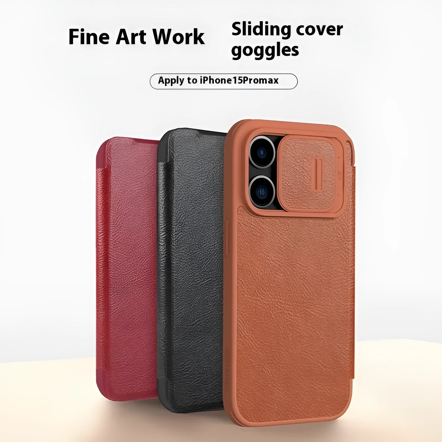 Imitation leather flip phone case for iPhone showing black, brown, and red colour options