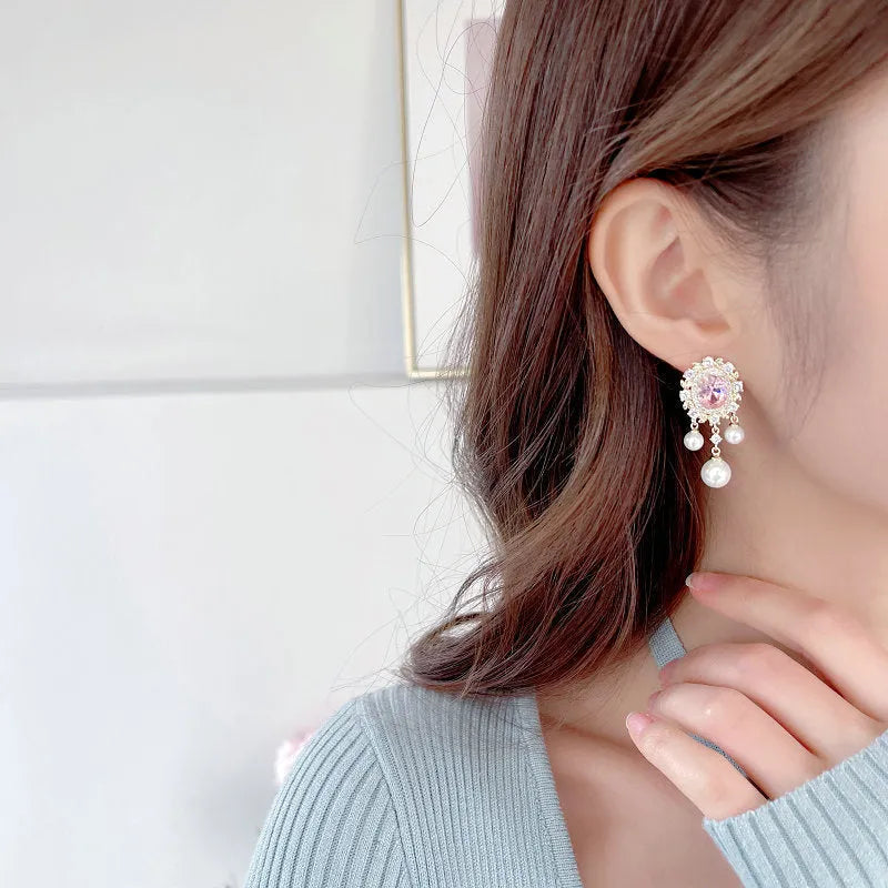Oval geometric zircon inlaid pearl tassel earrings in copper with light purple colour option