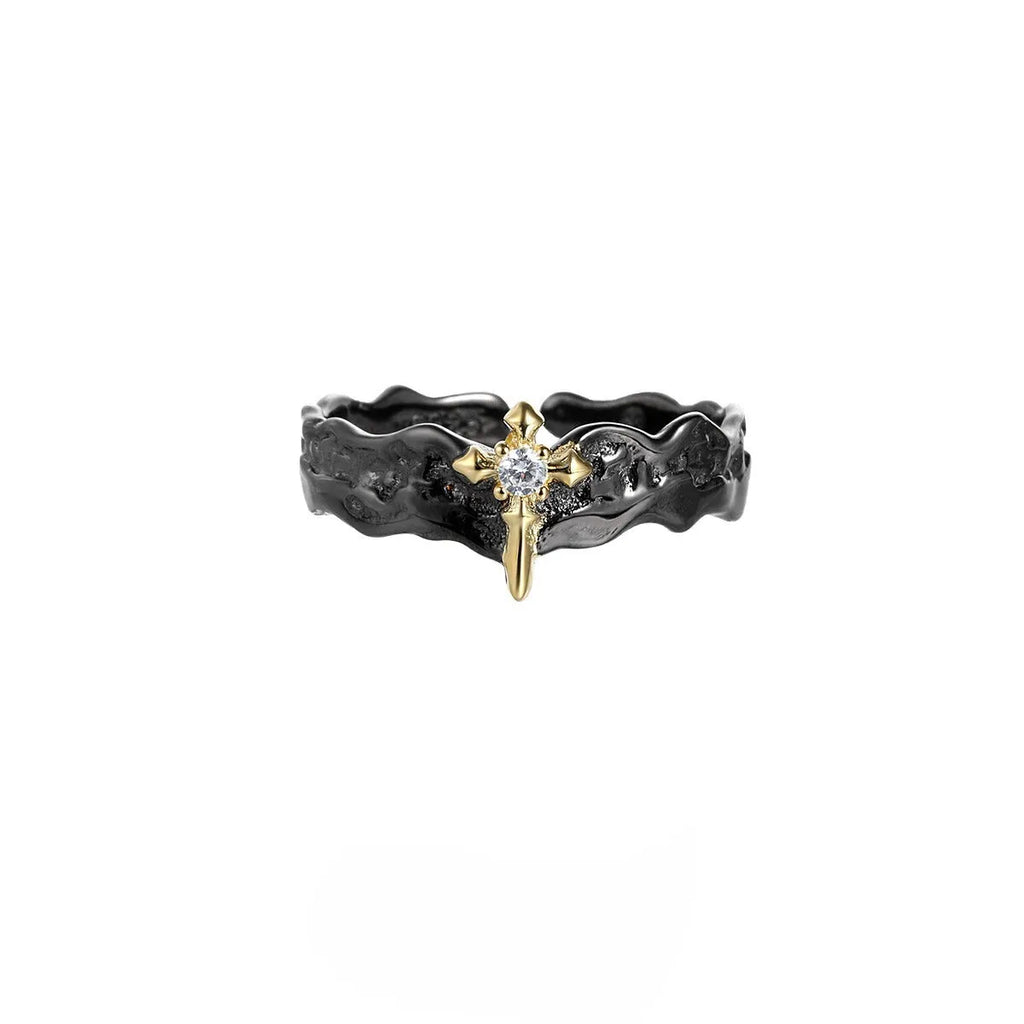 Silver couple ring with adjustable opening in white gold or black gold electroplated finish, featuring a Princess Knight design.