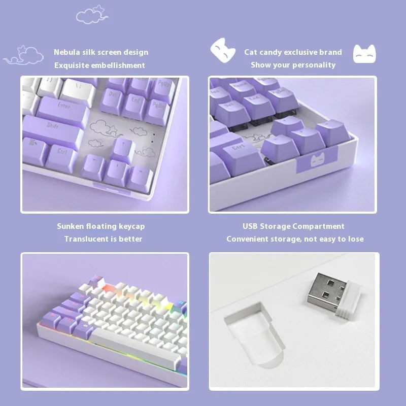 Wireless Bluetooth mechanical keyboard with a metal base in purple-white or blue-white colour options.