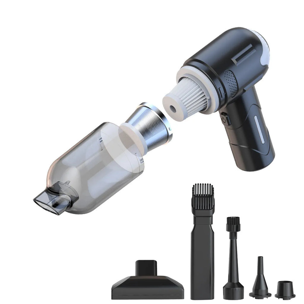 Handheld wireless pet fur vacuum cleaner with multiple attachments including flat nozzle, brush and floor brush