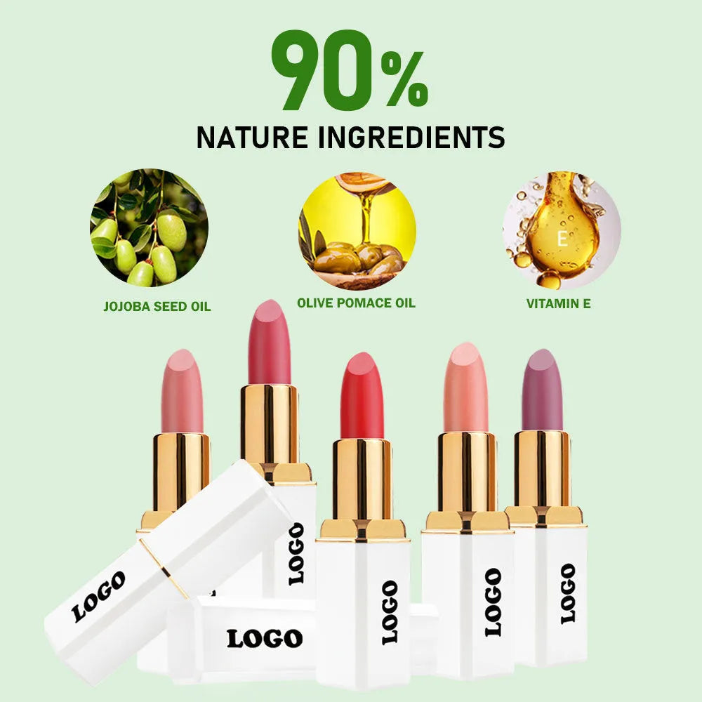 Matte finish lipstick bullet in a case, showcasing its velvety texture, with colour options 01 to 24.