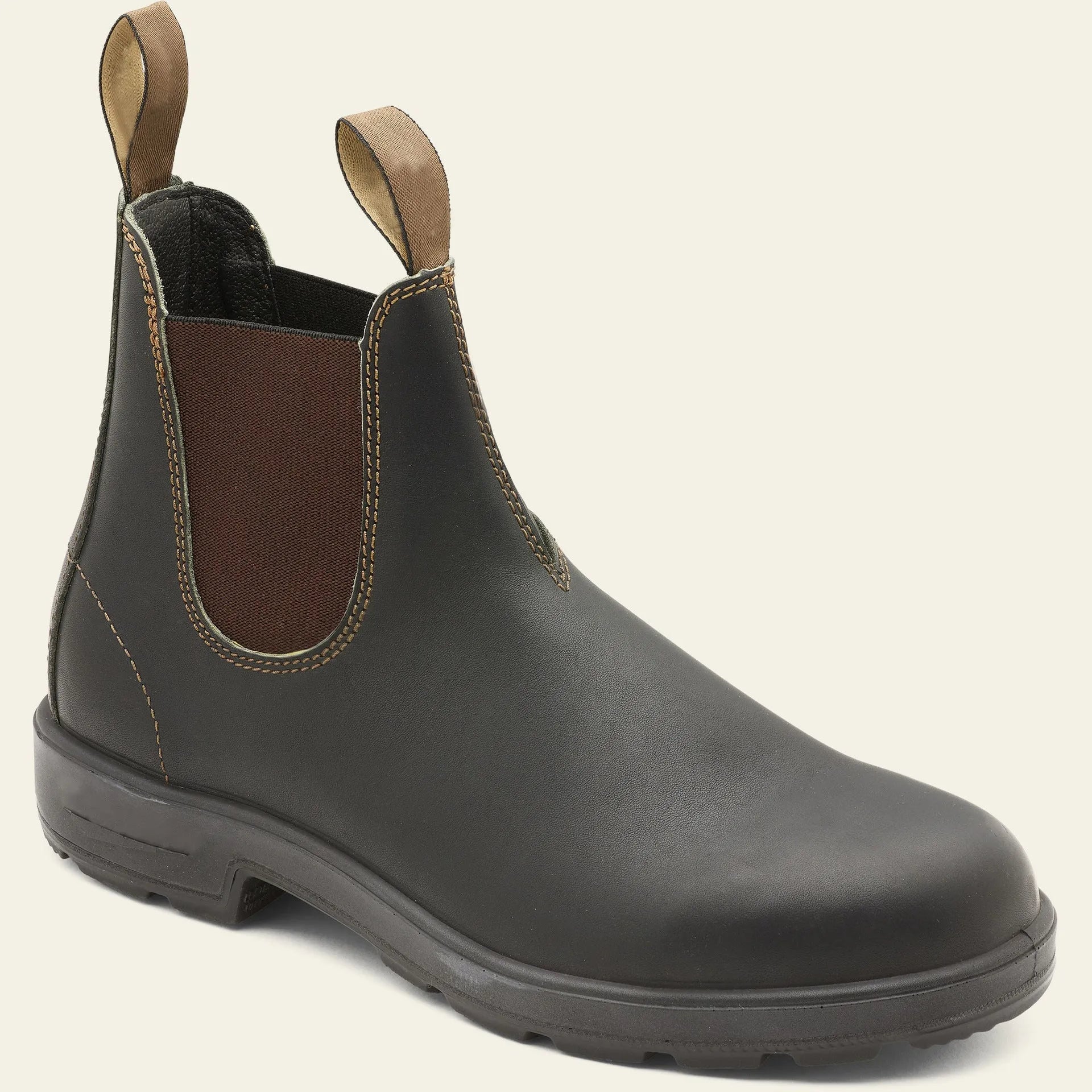 Vintage unisex Chelsea boots with frosted PU upper and car suture detail in multiple colours.