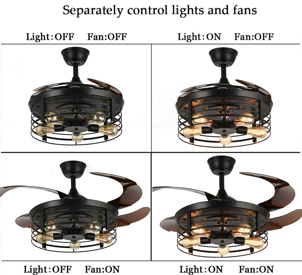 42-inch industrial retro style invisible ceiling fan lamp with acrylic blades and shade.
