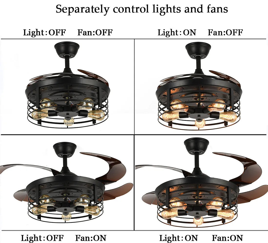 42-inch industrial retro style invisible ceiling fan lamp with acrylic blades and shade.