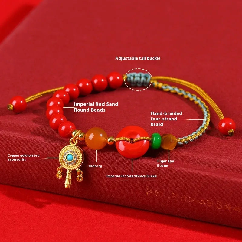 Cinnabar peace buckle woven bracelet in emperor red sand colour with hand-woven geometry design